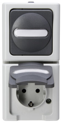 Kopp Kombination Schalter Steckdose Aufputz beleuchtet senkrecht16A 250V IP44 Blueelectric grau